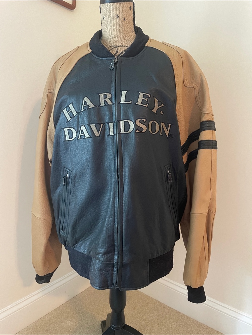 Harley-Davidson Black and Tan Leather Bomber with Logo